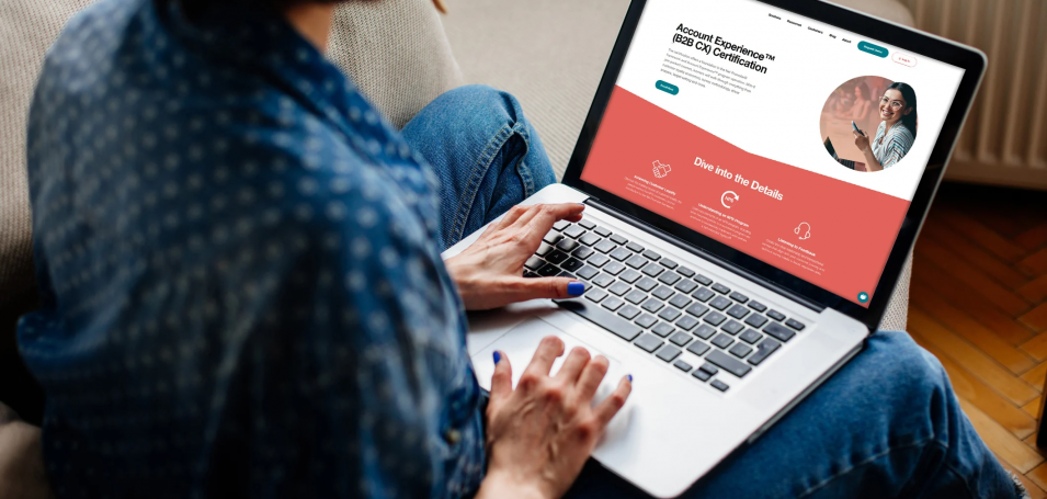 Woman looking at "Account Experience Certification" on a laptop