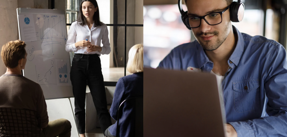 Split screen- woman on one side with notes on a white board, man on the other side with headphones on looking at a computer