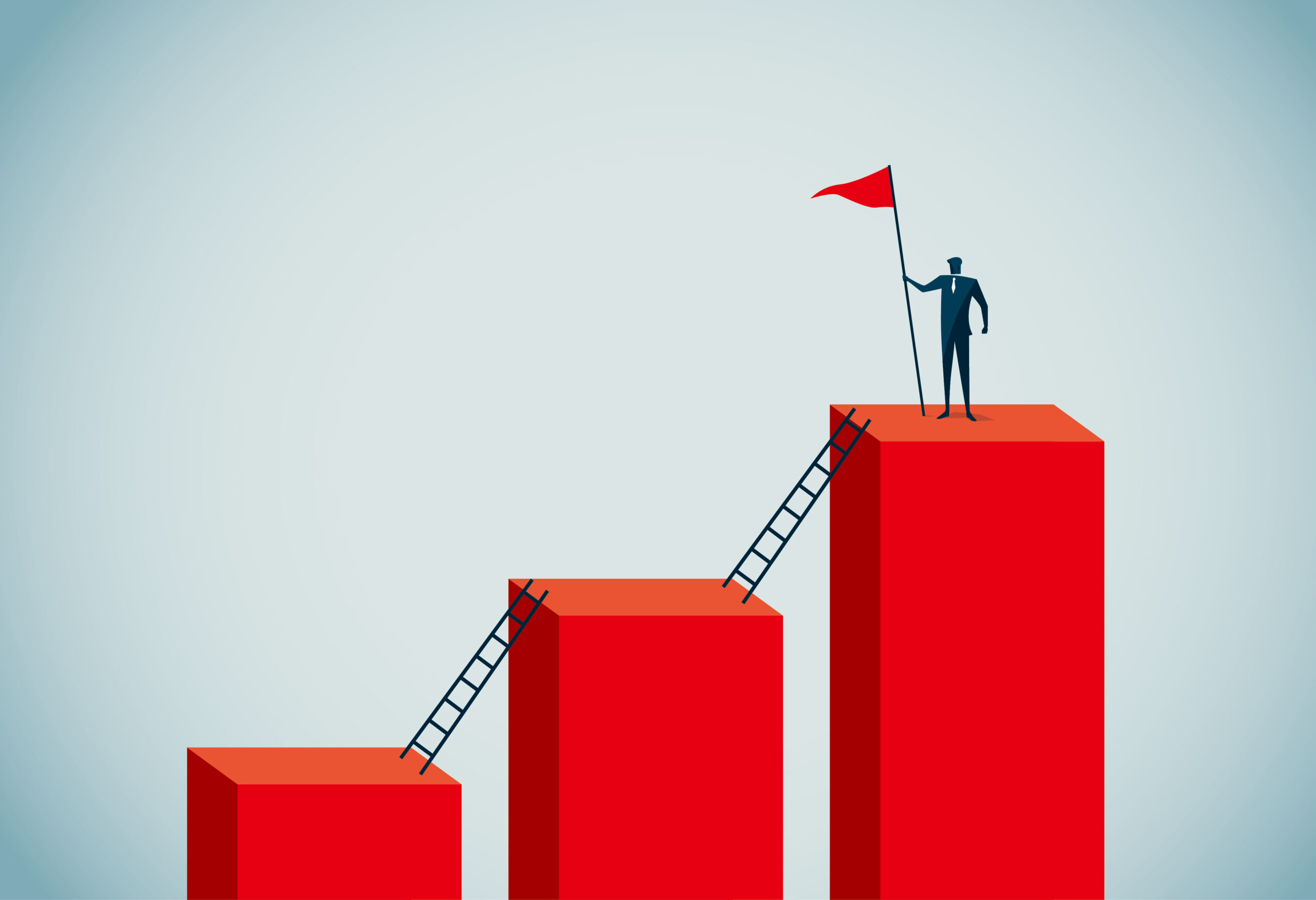 Ladders leading up red blocks to man holding a flag