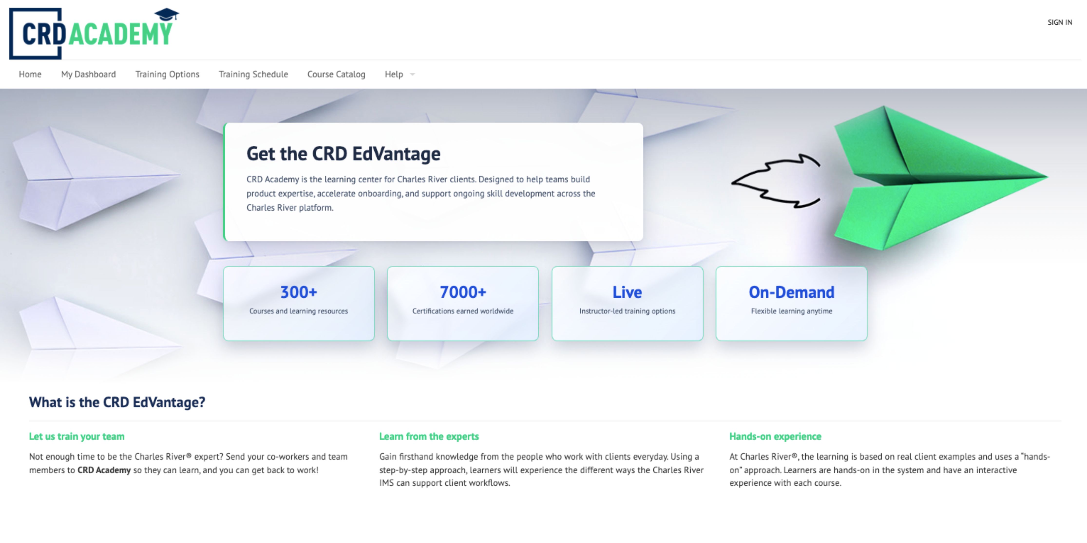Screenshot of Charles River CRD Academy customer learning homepage