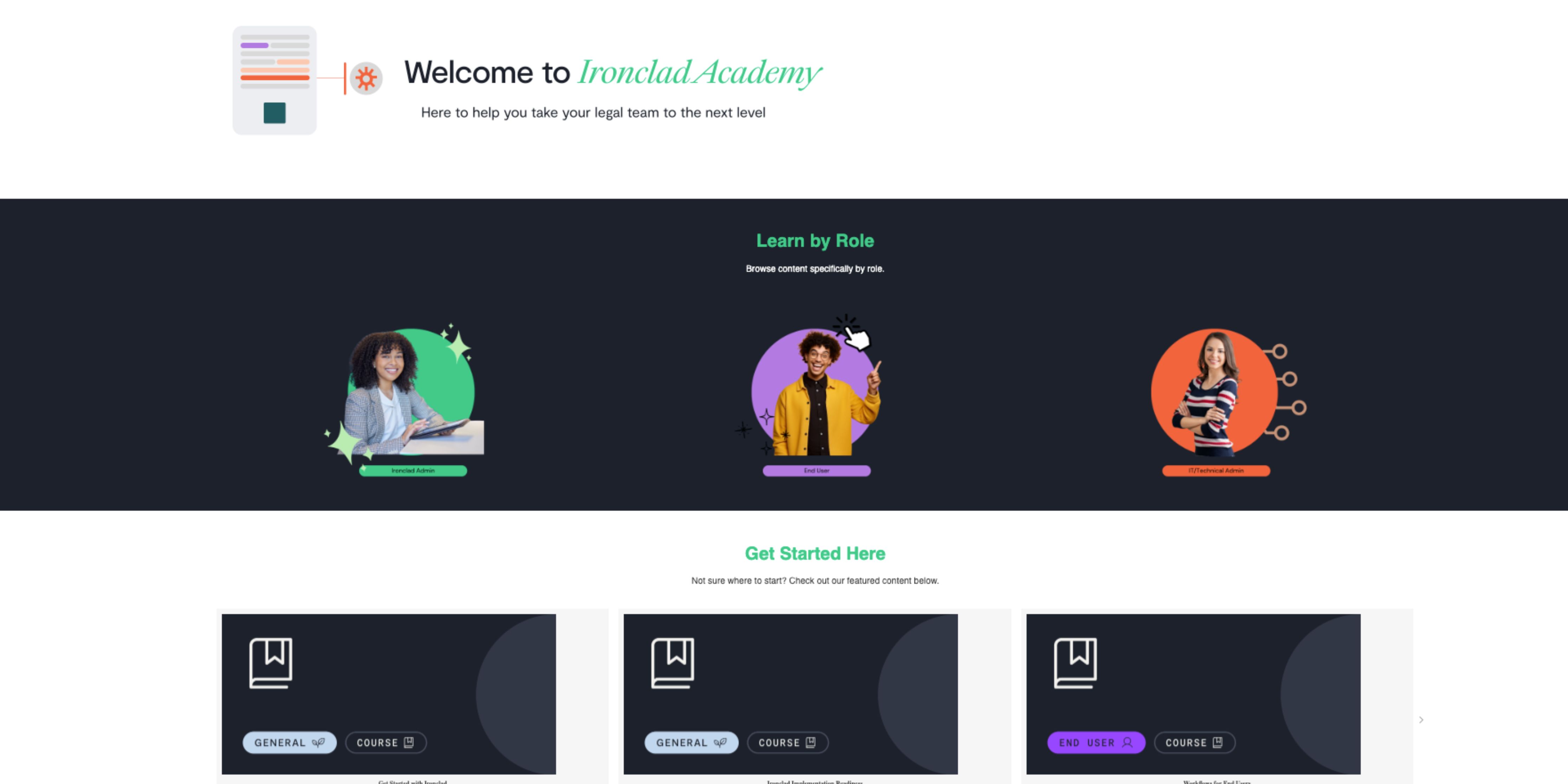Screenshot of Ironclad Academy for customer education and learning made using Thought Industries