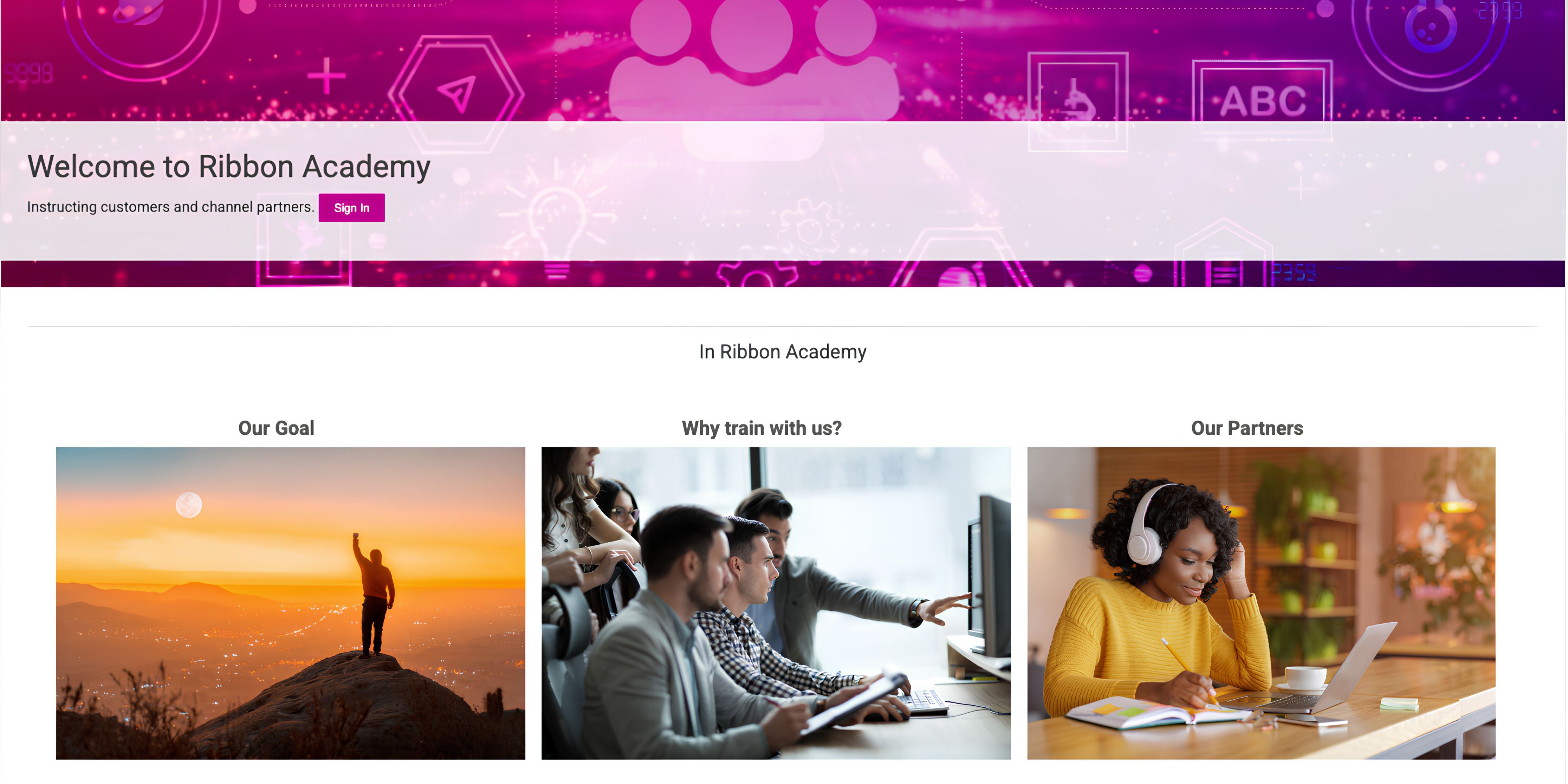 Screenshot of homepage for Ribbon Communications Academy, built with Thought Industries for educating customers