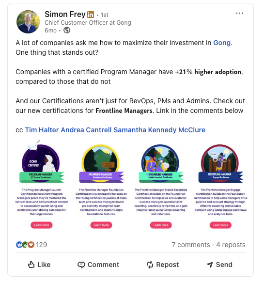 LinkedIn post from Gong's Chief Customer Officer announces that companies with a certified Program Manager have 21% higher adoption than those without.