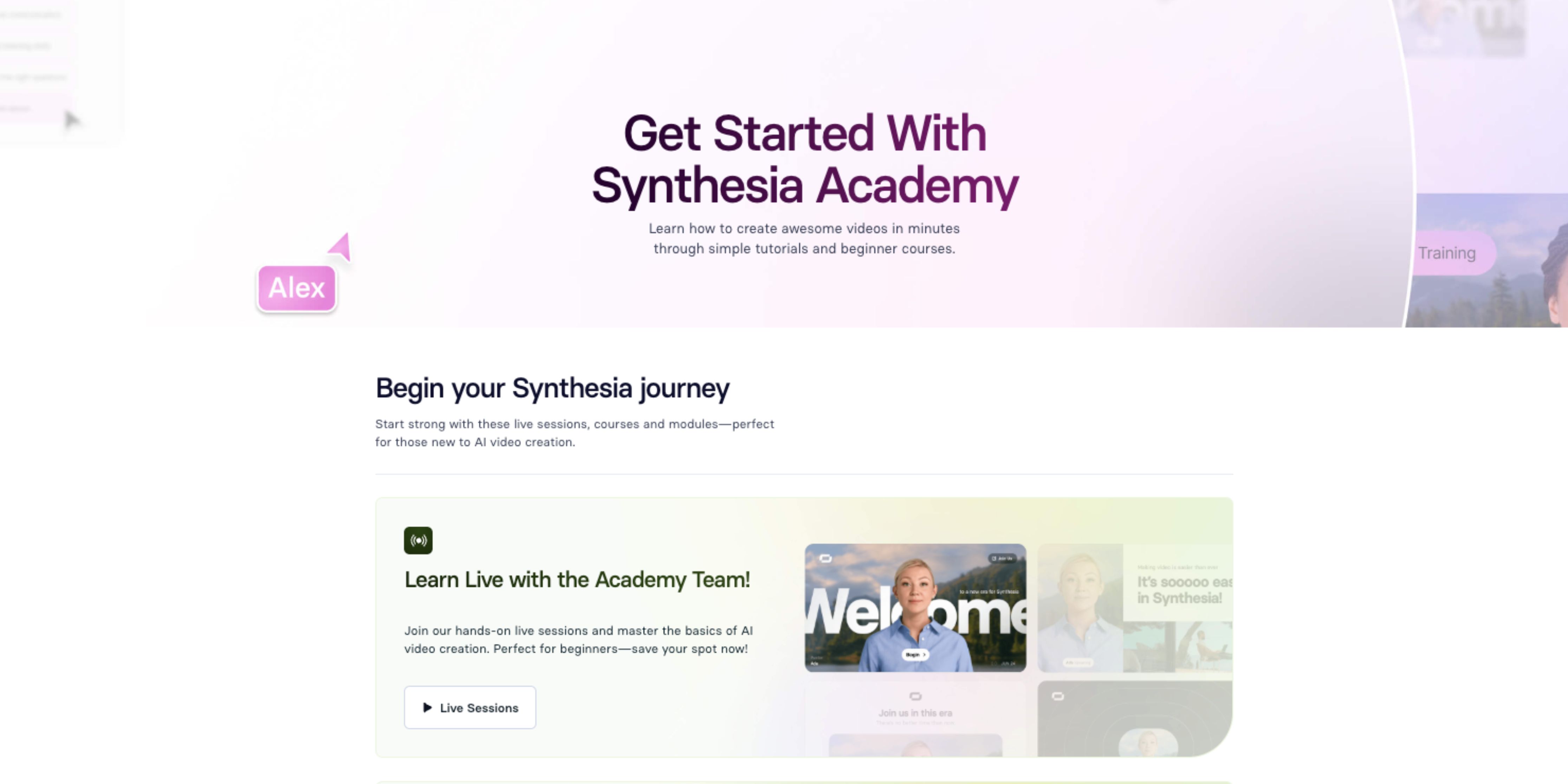 Screenshot of Synthesia academy homepage for customer learning and customer education made with Thought Industries