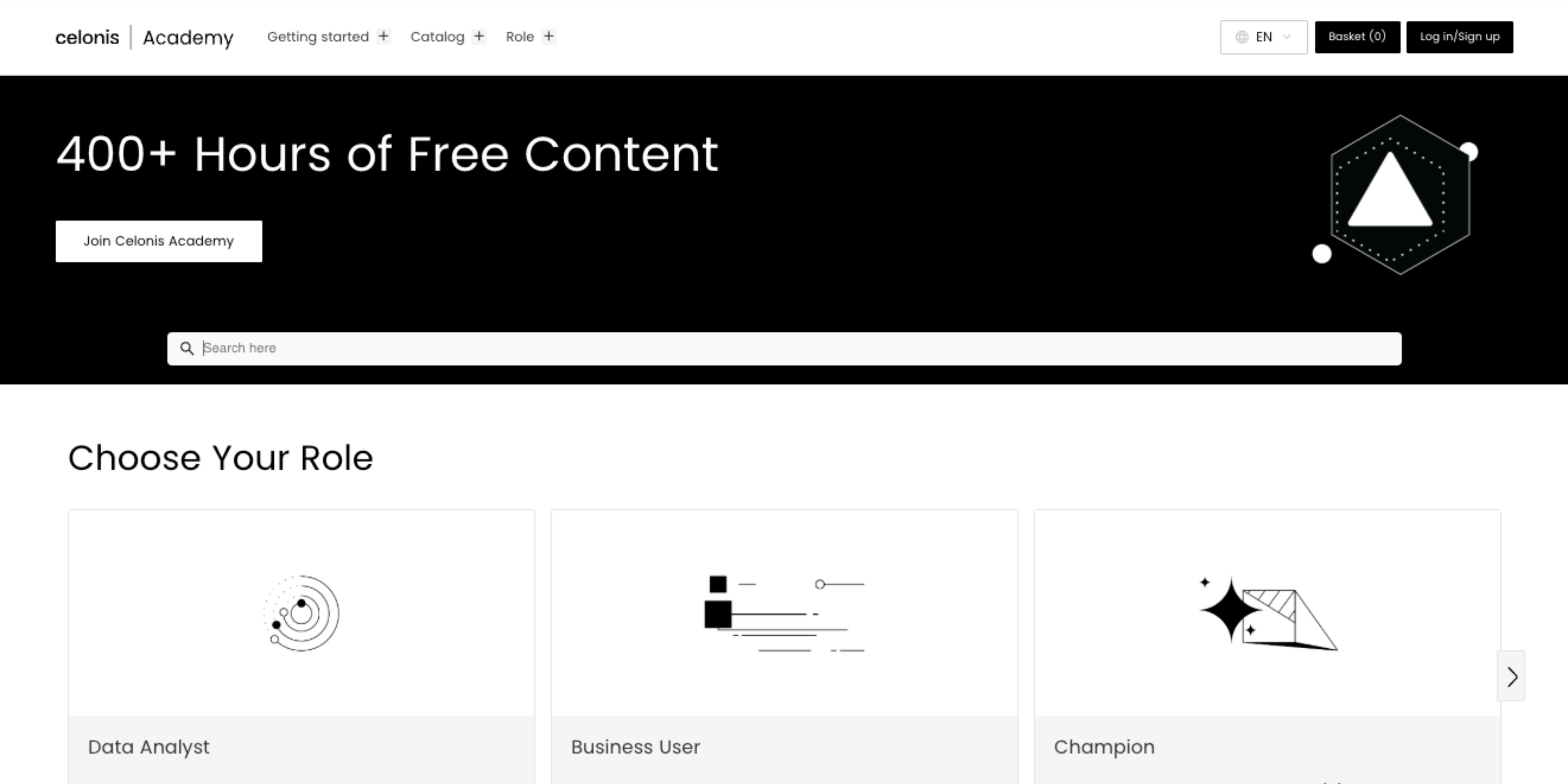 Screenshot of homepage for celonis customer education academy, built with Thought Industries