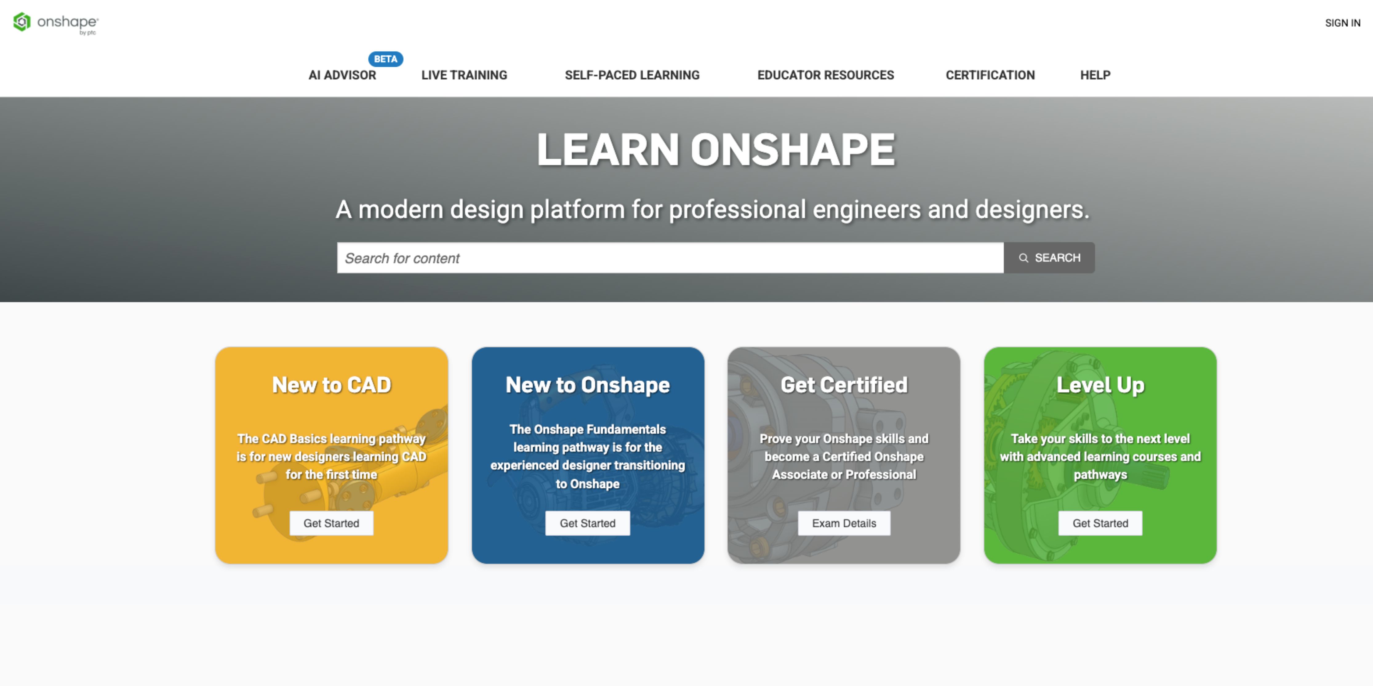 Screenshot of onshape academy website homepage
