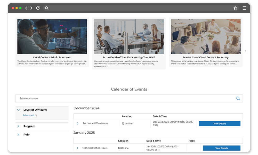 Package events course content